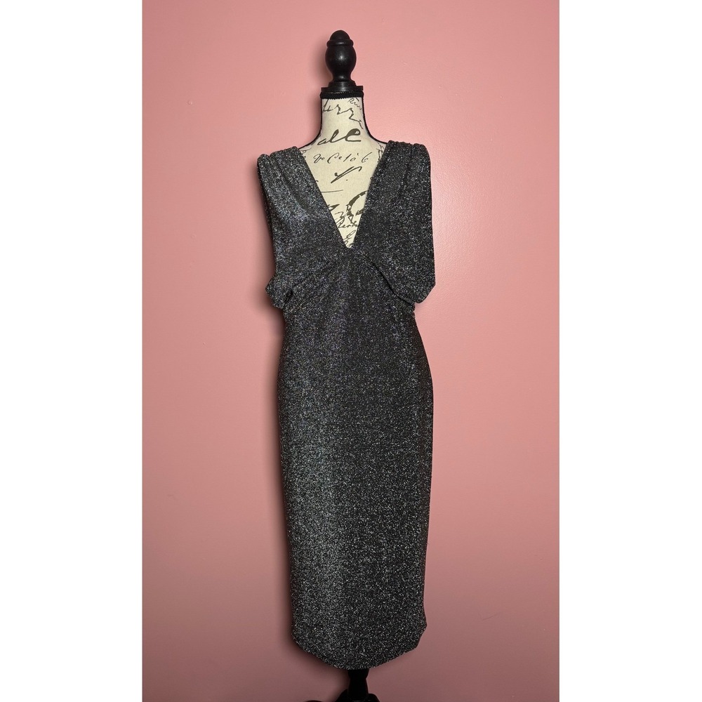 Walter Baker Midi Dress Womens M‎ Black Silver Sparkle Lurex V-Neck